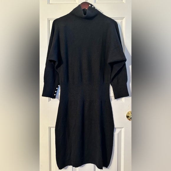 VINTAGE 100% 2 Ply Cashmere M Black Mock Turtleneck Pearl Button Midi 3/4 Sleeve - Picture 1 of 12